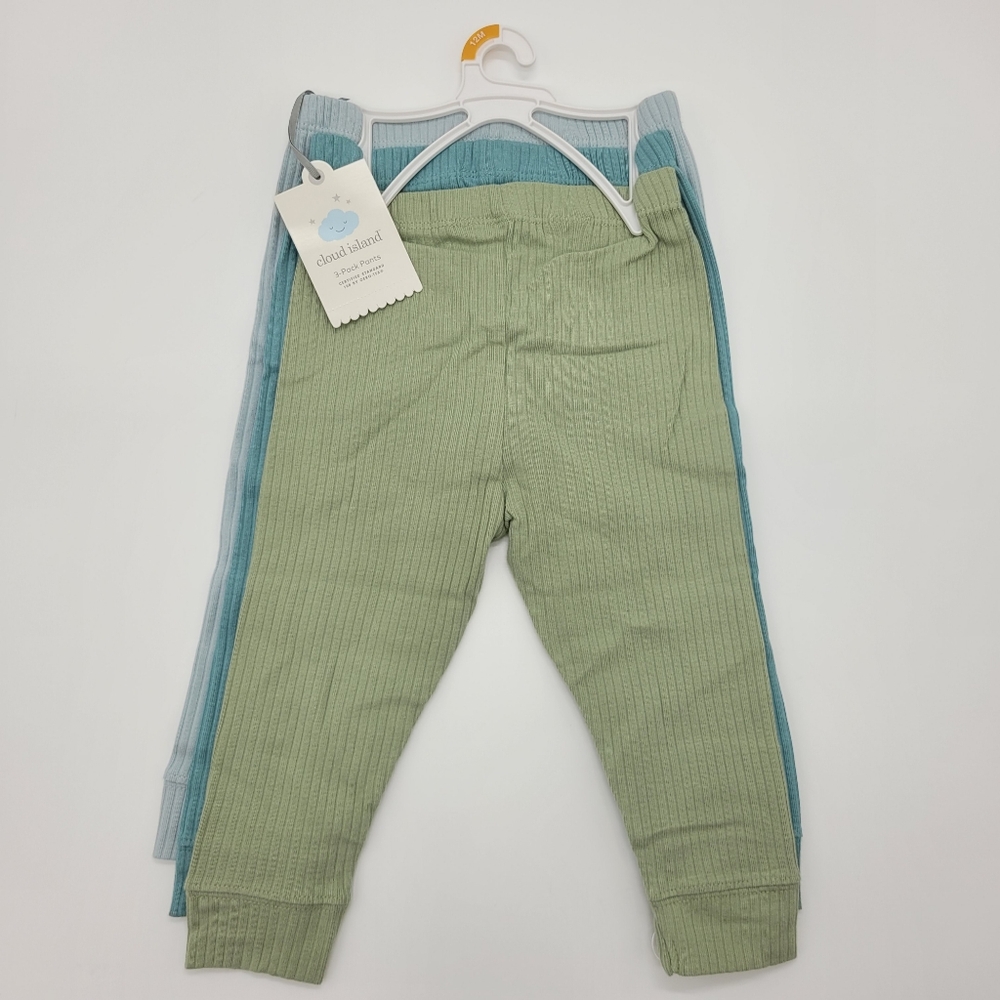 Cloud Island Baby Pants 3 Pair Set Green Blue Rib Knit Elastic Waist Cotton NEW